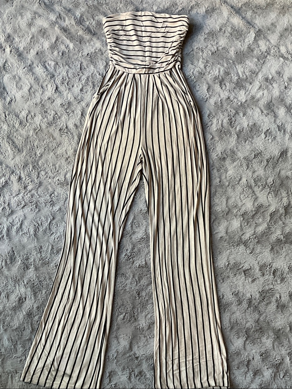 a'gaci Cream Strapless Vertical-Stripe Wide-Leg Jumpsuit with pockets